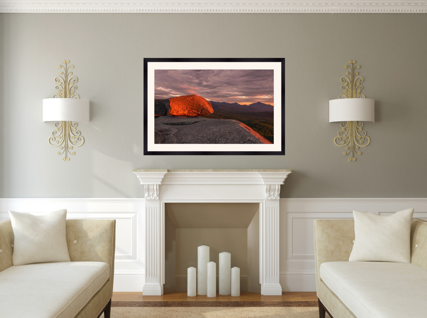 print of a sunrise at Balanced Rocks in the Adirondack Mountains 