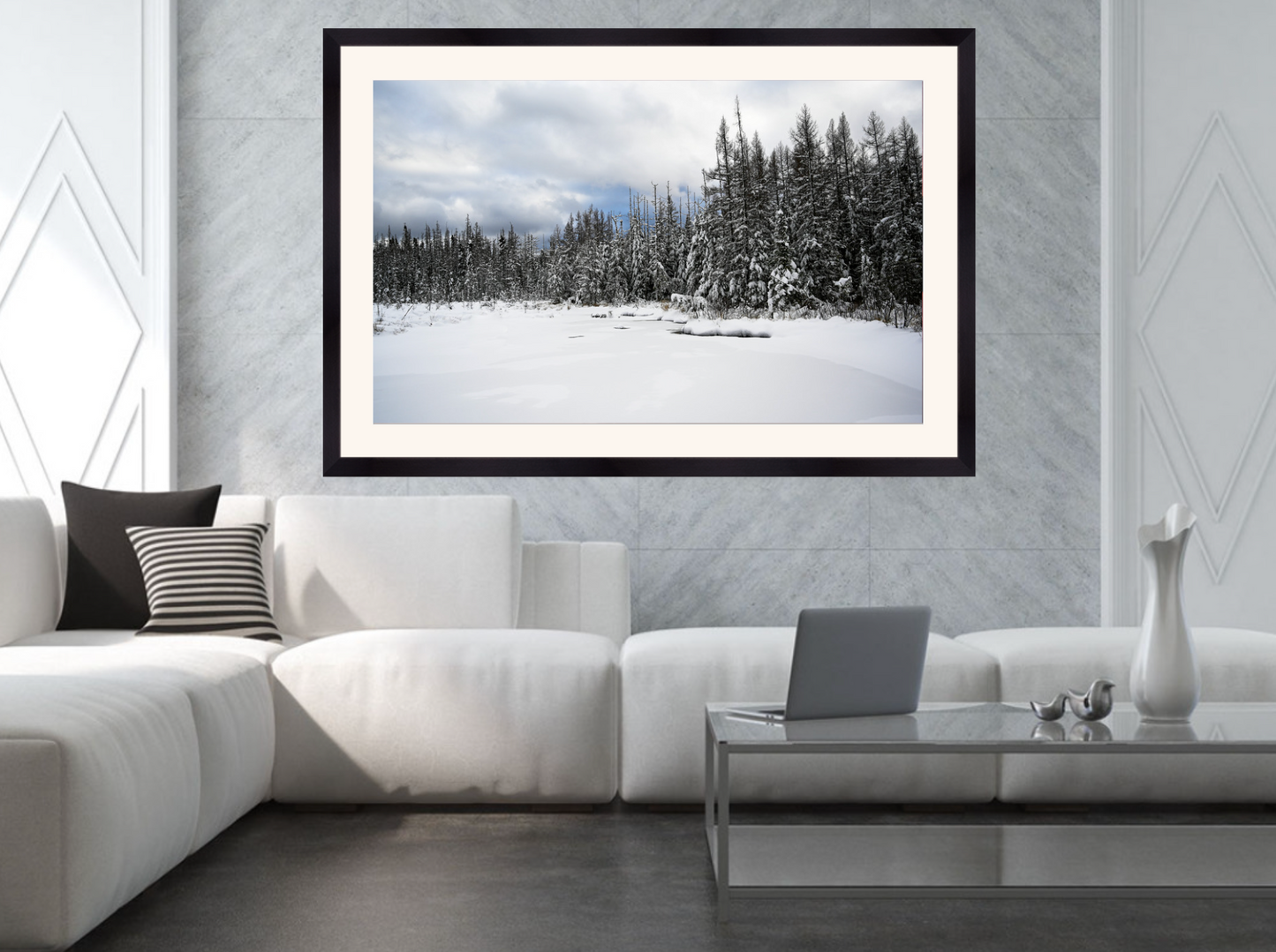 print of snow covered tamaracks