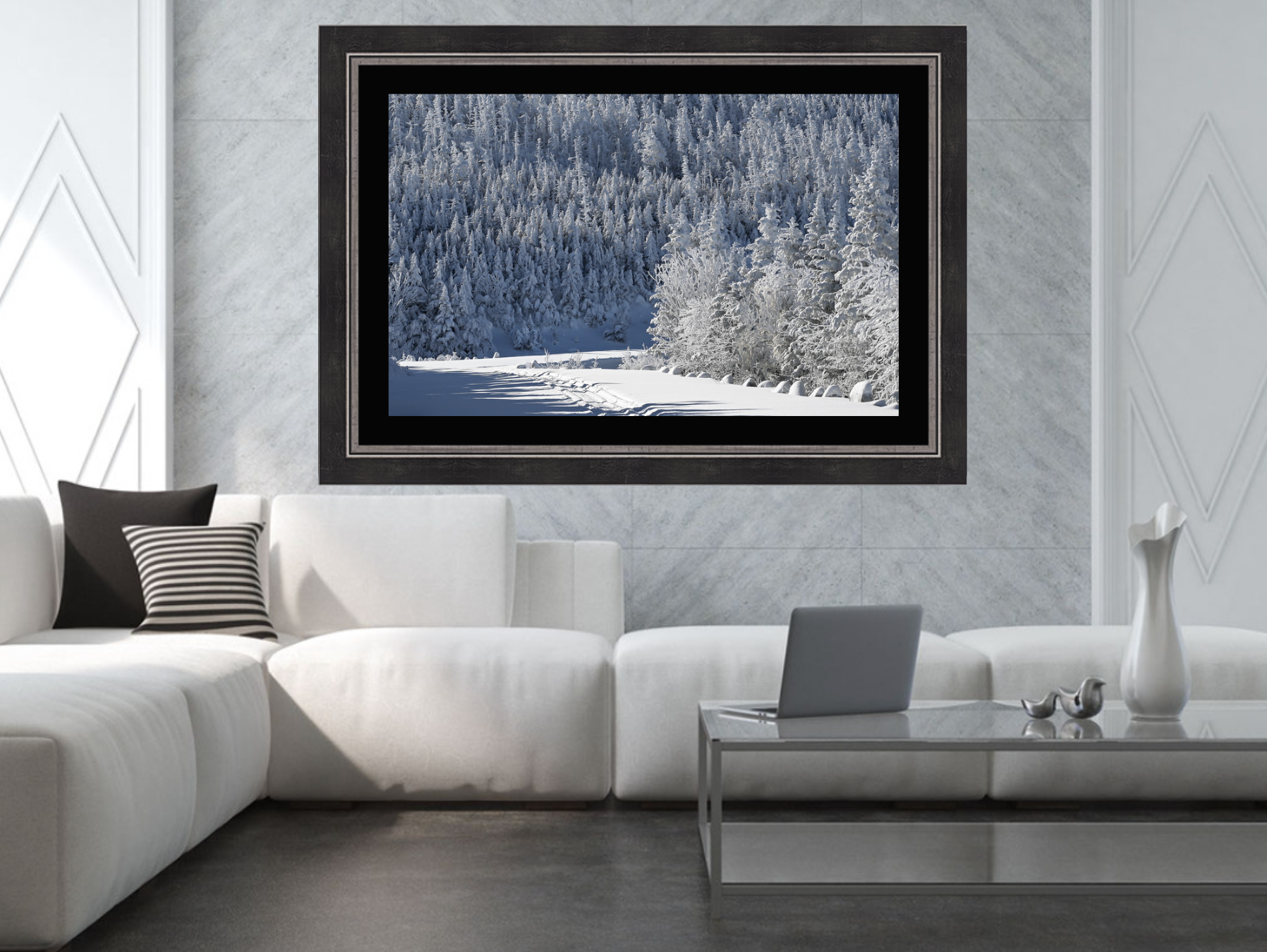 print of snow covered highway and trees