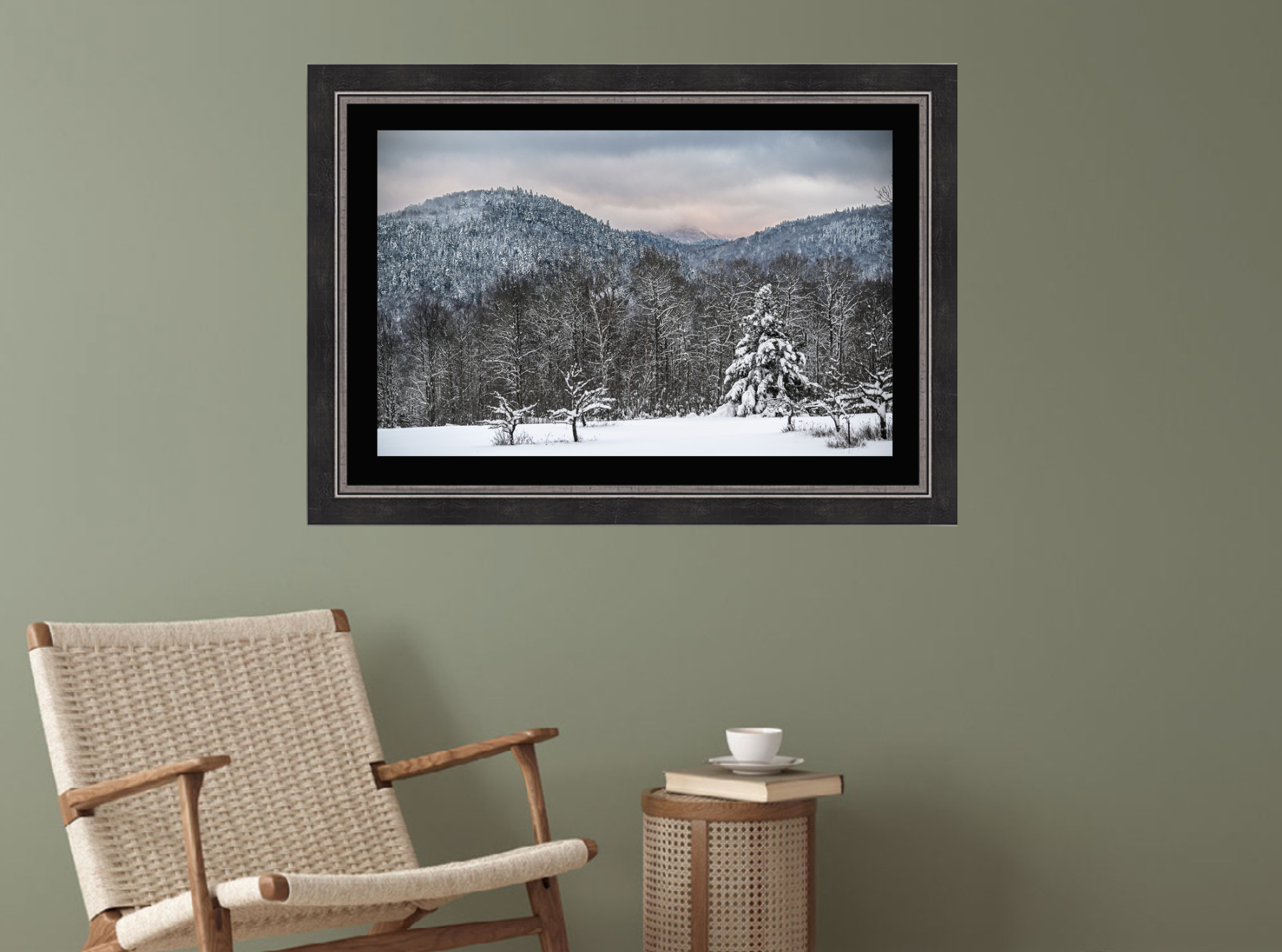 print of a field with snow covered trees and mountains 