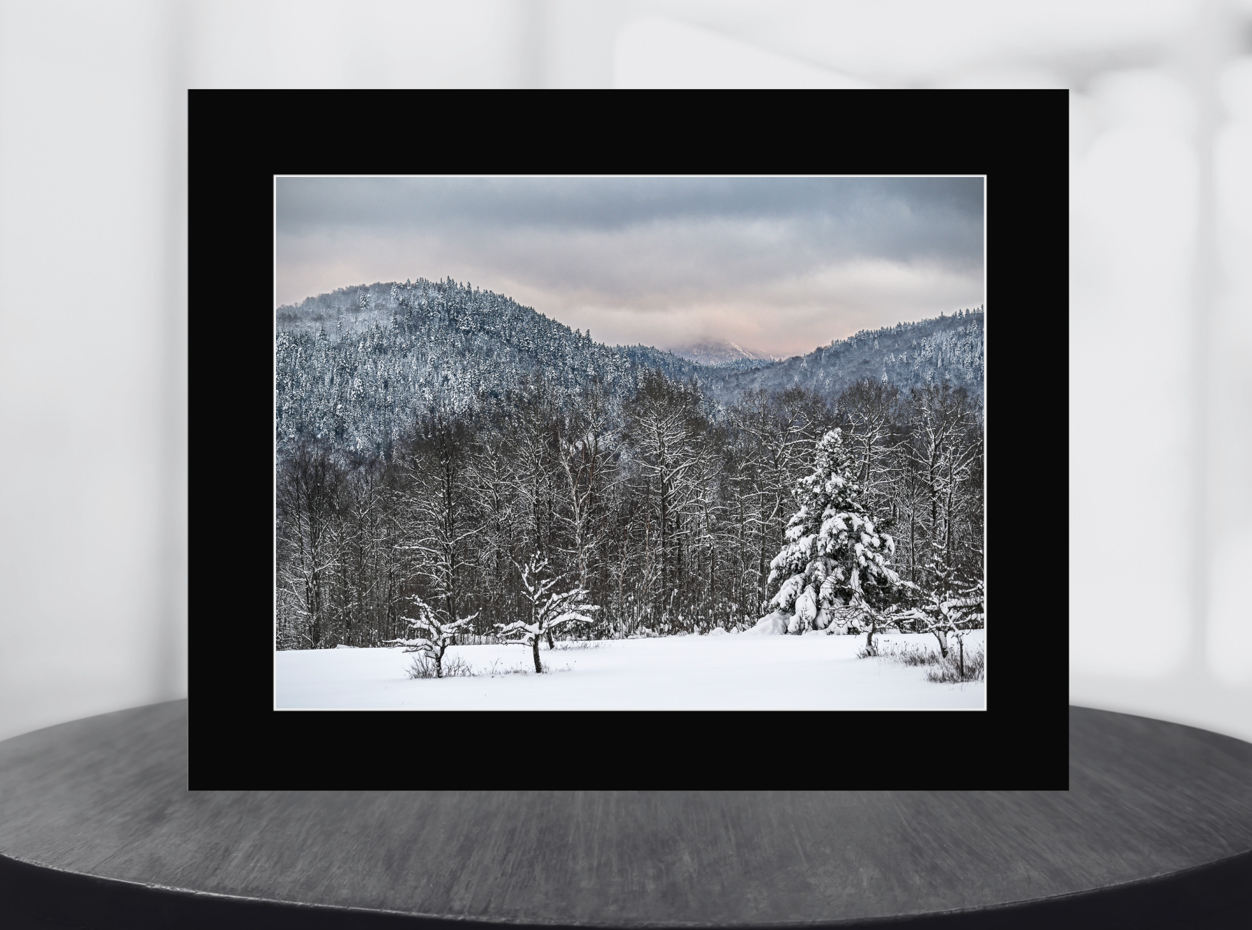 print of a field with snow covered trees and mountains 
