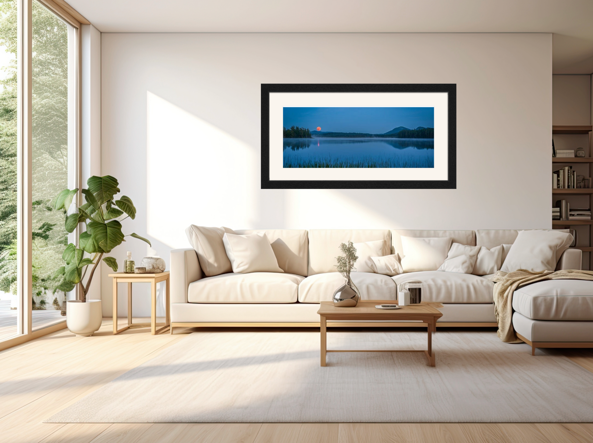 A framed landscape art print depicting a serene blue lake at dusk, hung on a light beige wall above a modern beige sofa in a bright, minimalist living room.