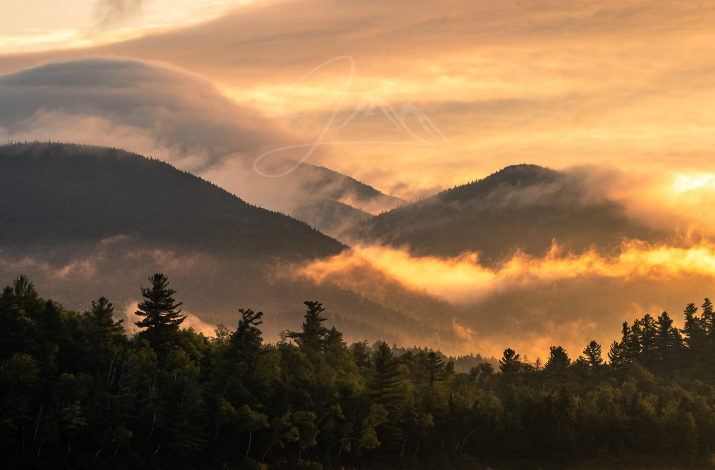 print of a foggy morning sunrise Adirondack Mountains 