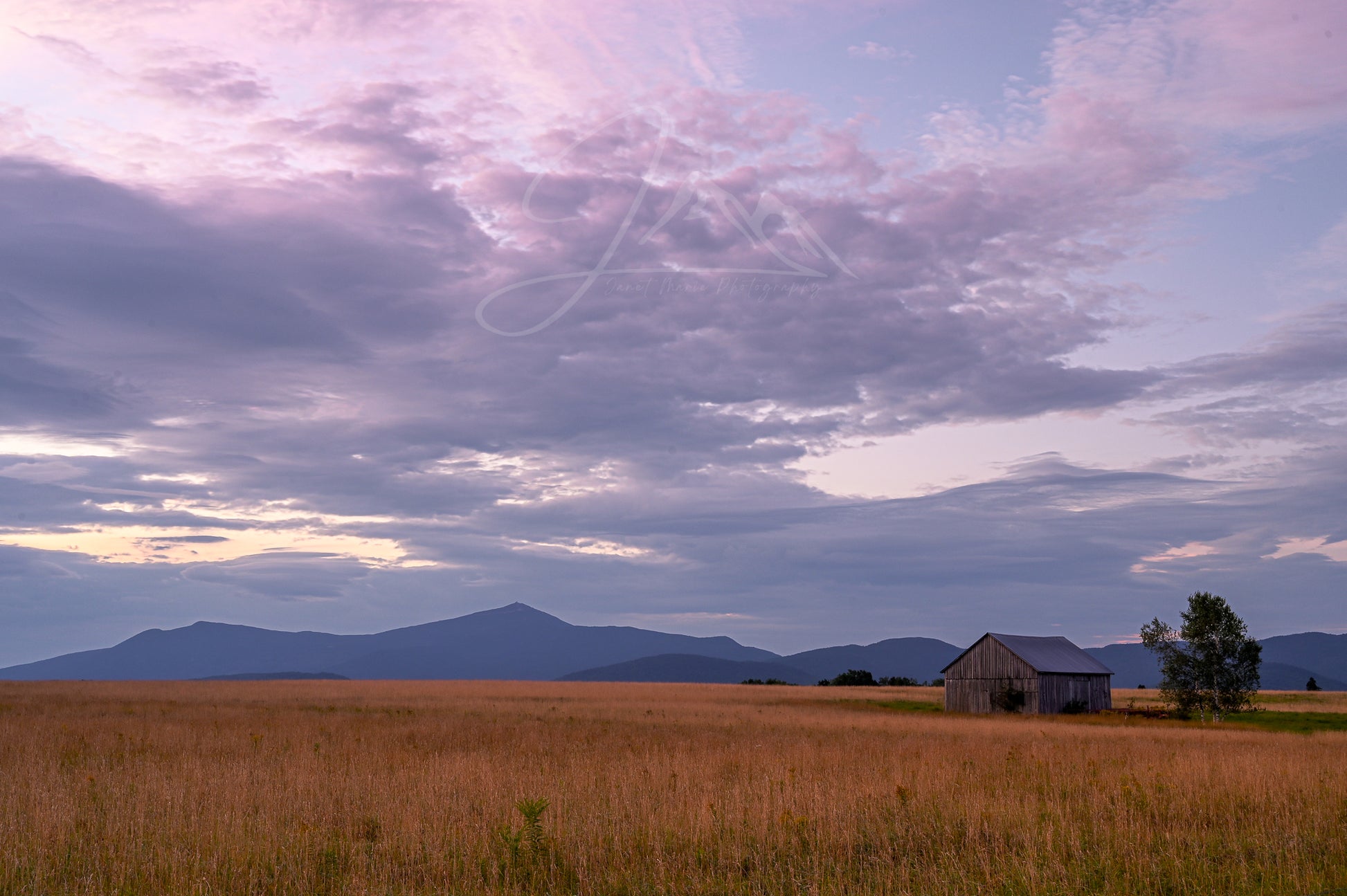 print of a barn at sunrise